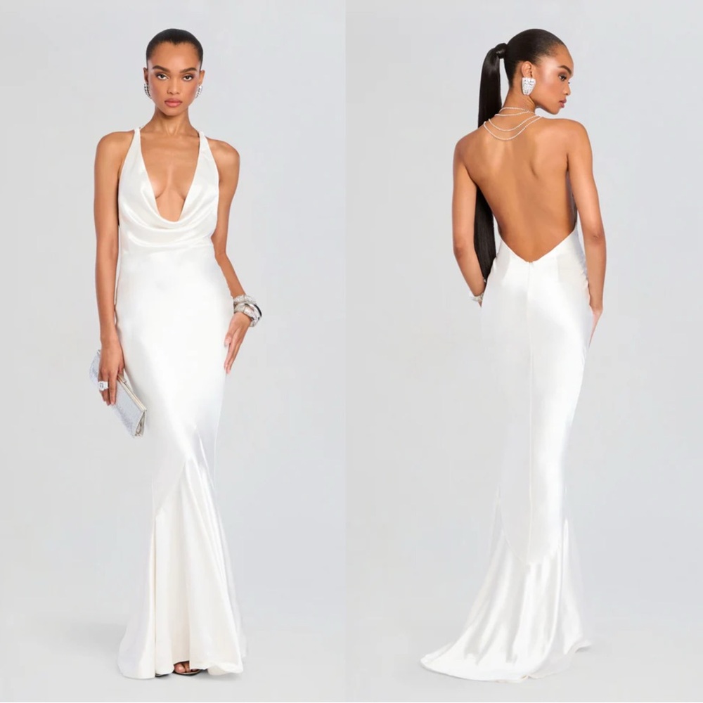 Retrofete Eve Crystal Halter Low Back Maxi Gown White